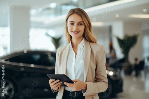 Confident saleswoman with tablet in a luxury car showroom