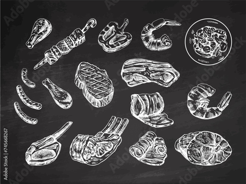 Set of hand-drawn sketches of different types of meat, steaks, shrimp, chicken, grilled vegetables, barbecue. Vintage illustration on chalkboard background. Engraved image.