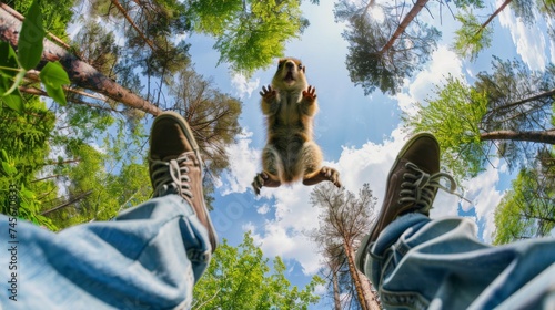 A squirrel attacks a man. An animal jumps on a person against the sky. First person view with human legs