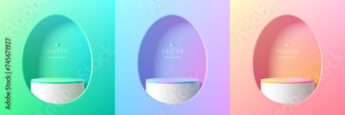 Set of 3D happy easter day background. Yellow, blue, pink and white podium in egg oval shape gate backdrop scene. Platforms mockup product display. Abstract composition minimal design. Stage showcase.