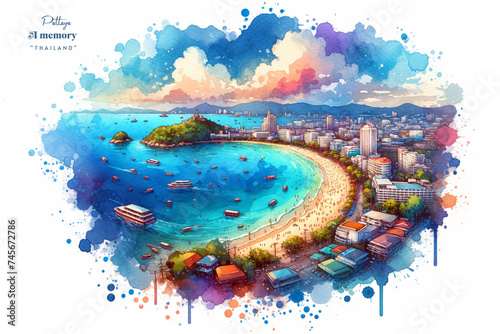 Pattaya's Coastal Charm - A Watercolor Panorama