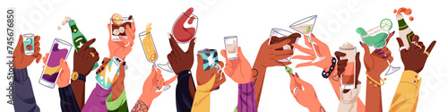 People hold different alcohol cocktails set. Glasses with martini, wine, champagne, energy drink cans, beer bottles in hands. Friends chin, cheers on party. Flat isolated vector illustration on white