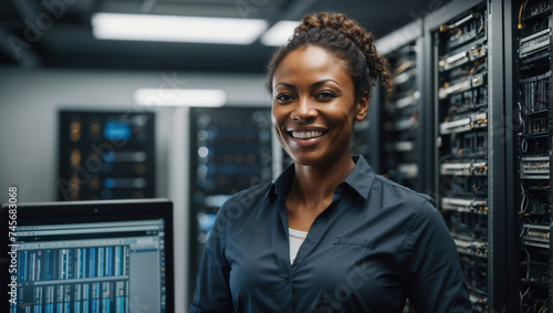 Ingegnere informatico donna di origini afro-americane vestita con una camicia sorride in sala server