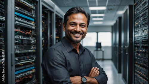 Ingegnere informatico di origini indiane vestito con una camicia sorride in sala server
