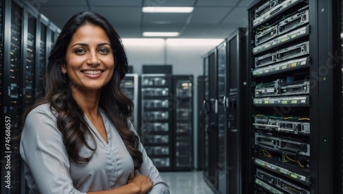 Ingegnere informatico donna di origini indiane vestita con una camicia sorride in sala server