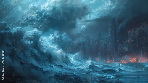 Digital artwork of a massive tsunami wave crashing into a modern cityscape under stormy skies.