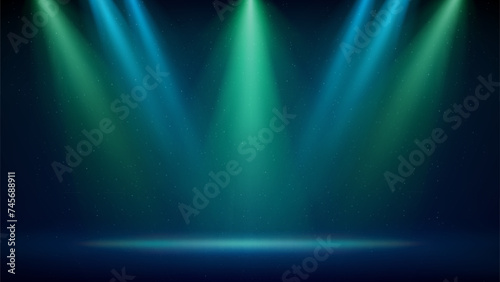 Blue green spotlight backdrop. Illuminated blue green stage. Background for displaying products. Bright beams of spotlights on dark background, glittering particles, a spot of light. Vector
