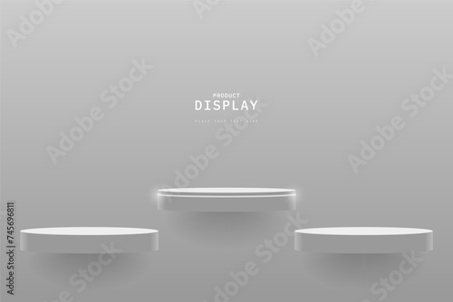 Gray minimal wall scene with set of gray realistic 3d cylinder podium floating or hanging on the wall. design for product display presentation or mockup. vector rendering
