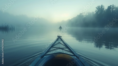 Peaceful Morning Kayak Adventure on a Misty Lake with Lush Forest Background