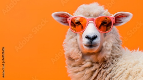 Cooles Schaf mit Mütze und Sonnenbrille vor orangenem Hintergrund