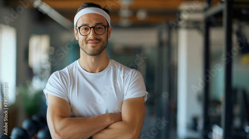 Skinny young man wearing glasses, white t shirt and a headband, funny geek standing in the modern gym room interior, exercise and workout healthy lifestyle, copy space, adult nerd male, indoors