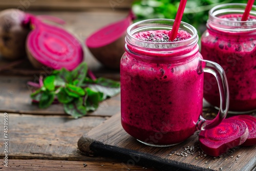 A vibrant beetroot smoothie topped with chia seeds in a mason jar, with fresh beets in the backdrop
