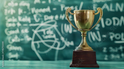 Gold trophy cup in focus with blurry mathematics equations on a blackboard in the background.