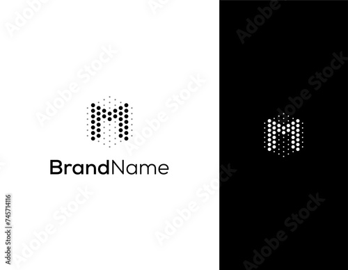 letter M with hexagon and dot concept logo for lab or technology company