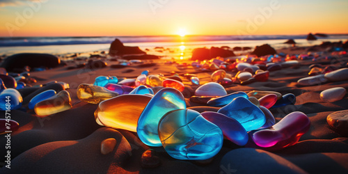 Beach with color pebbles in the sea coast, in the background sea and waves with sunset and sky, Ocean Pebbles Aglow at Sunset, Vibrant Neon Gemstone Landscape