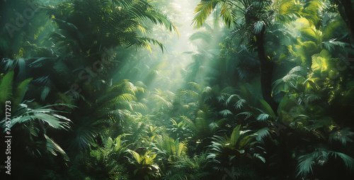 the lush greenery and exotic flora of a tropical jungle, with vibrant leaves, hanging vines, and shafts of sunlight filtering through the canopy realistic High-resolution photograph clean sharp focus