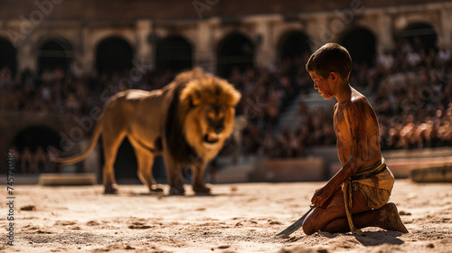 A boy gladiator faces a lion in the colosseum arena in ancient RomeBut sometimes hungry animals fought against gladiators in contests called venationes ,wild beast hunts.