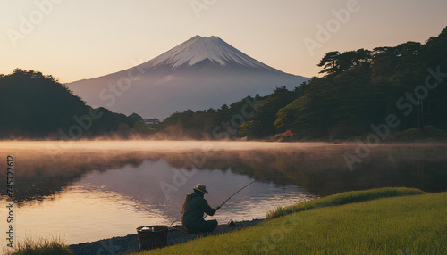 A man is fishing on a lake with a mountain in the background