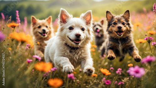 adorable furry friends, a dog and a cat, frolic and playfully jump in a field of vibrant wildflowers, their joyous energy captured in a beautifully blurred background