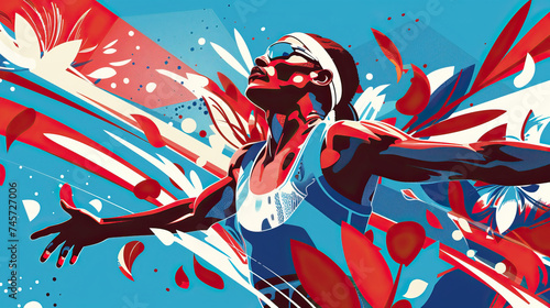 Concept design for the 2024 Olympics in Paris, France. Elite running athlete in a race, crossing the finish line with open arms. Not an actual depiction of the event. Vibrant, red, white, blue