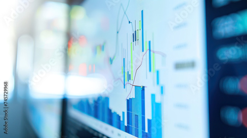 Close-up of complex line chart on a computer screen with peaks and troughs. Graph of volatility showing increased instability in the financial markets and likely recession. Isolated shot with bokeh 