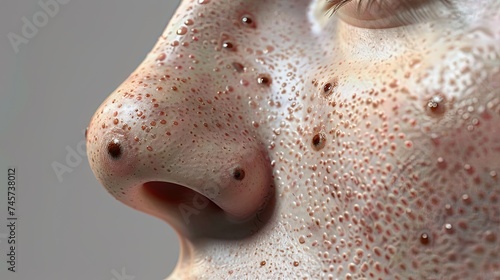 A realistic and detailed 3D render of a nose with blackheads and acne