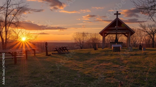 A quiet Easter morning sunrise service in the countryside.