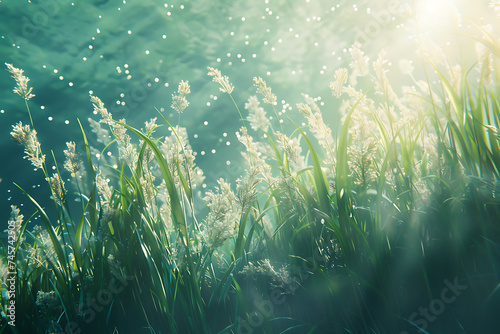 fronds of grass underwater in the sun in the style of