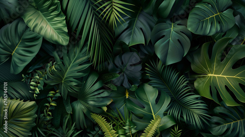 Background of group of dark green tropical leaves