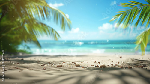 Summer exotic sandy beach with blur palms and sea on background