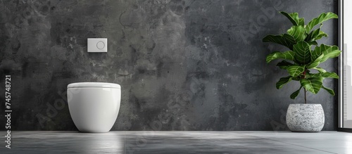 White clean new ceramic toilet bowl in a bathroom grey wall background. Generated AI image