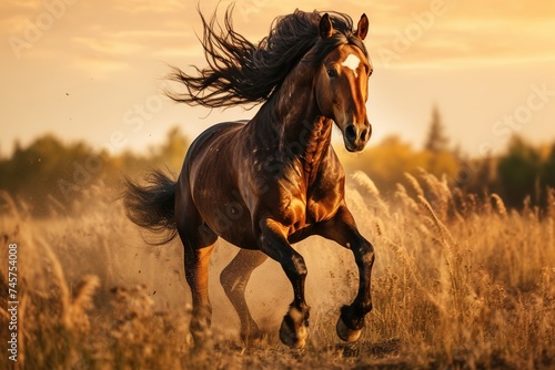 Powerful horse galloping across open field at dawn, capturing its strength and freedom, ideal for equestrian and nature lovers