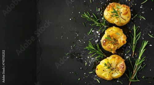 Crushed, smashed potatoes baked with rosemary and thyme. Black background. Top view.