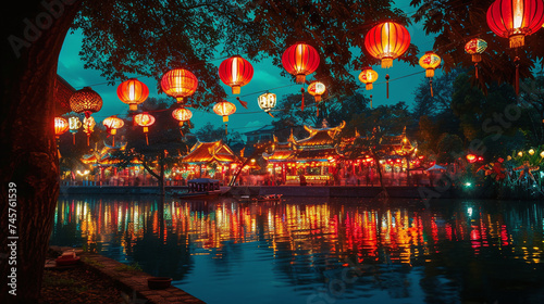 Traditional Chinese Lantern Festival Illumination Reflecting in Water with Temple Background at Night