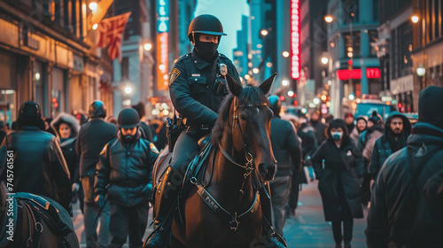 Police Officer on Horseback Patrolling Busy City Street at Dusk