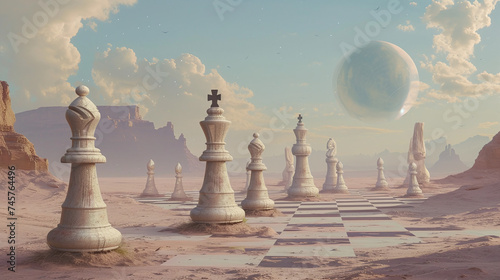 Futuristic Chessboard Game in Desert with Giant Pieces and Fantasy Planet Backdrop