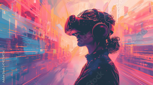 Woman in Virtual Reality Headset Exploring Futuristic Cityscape Illustration