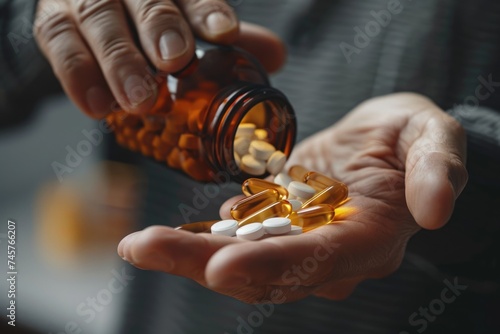 man's hand pouring some pills in his hand from a brown bottle. ai generated