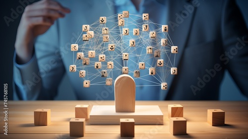 AI (Artificial Intelligence) concept. A wooden cube with a person icon links the connection network surrounding the Ai brain icon.AI improves human productivity. AI is a better choice than humans