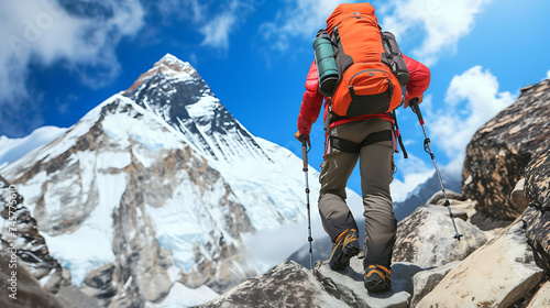 An adventurer in bright gear hikes up a rugged trail with the majestic snow-capped mountain summit in the background. 
