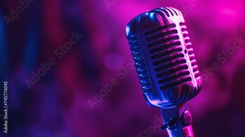 A classic vintage microphone under neon blue and purple lights, highlighting its detailed design and technology.