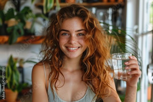 Portrait of beautiful woman holding glass of fresh water . ai generated