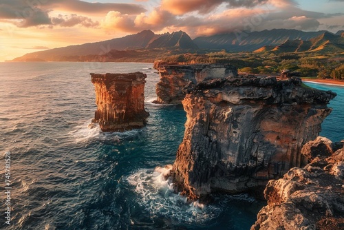 Free photo beautiful scenery of rock formations by the sea at queens bath, Kauai, Hawaii at sunset