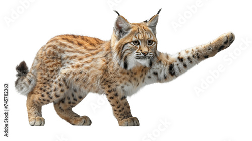 A majestic bobcat stands alert with its paw raised, showcasing its feline grace and wild nature