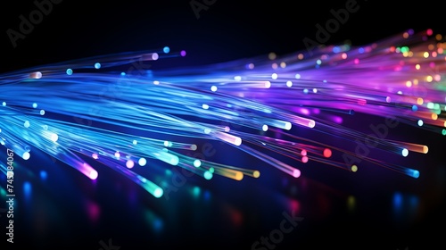 Bunch of optical fibres dinamic flying from deep on technology background
