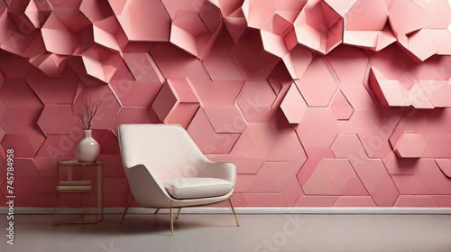 interior room decoration and structural background in pink color in pentagonal and hexagonal background decorated with the lightening and interior luxurious design 