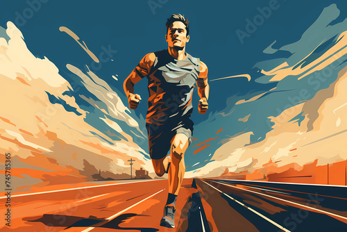 Runner running a road race vector painting illustration retro vibes in blues and oranges. Front low view looking up at runner. 