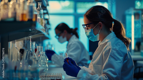 Amidst the array of scientific equipment, virologists in masks diligently work on their research in the laboratory, their collective expertise poised to make breakthroughs in the f