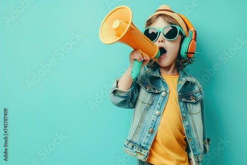 Cool kid child boy shouting announcement on loudspeaker on green background