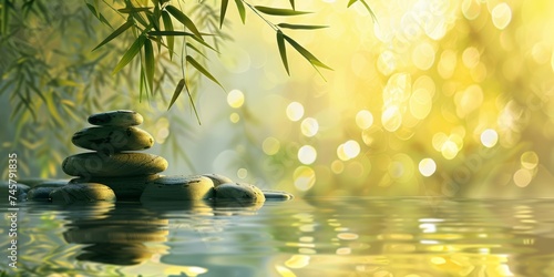 zen stones in water and bambo